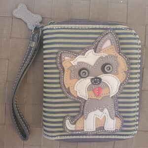 CHALA Dog Wristlet Wallet Yorkie Puppy Appliqué Canvas Faux Leather